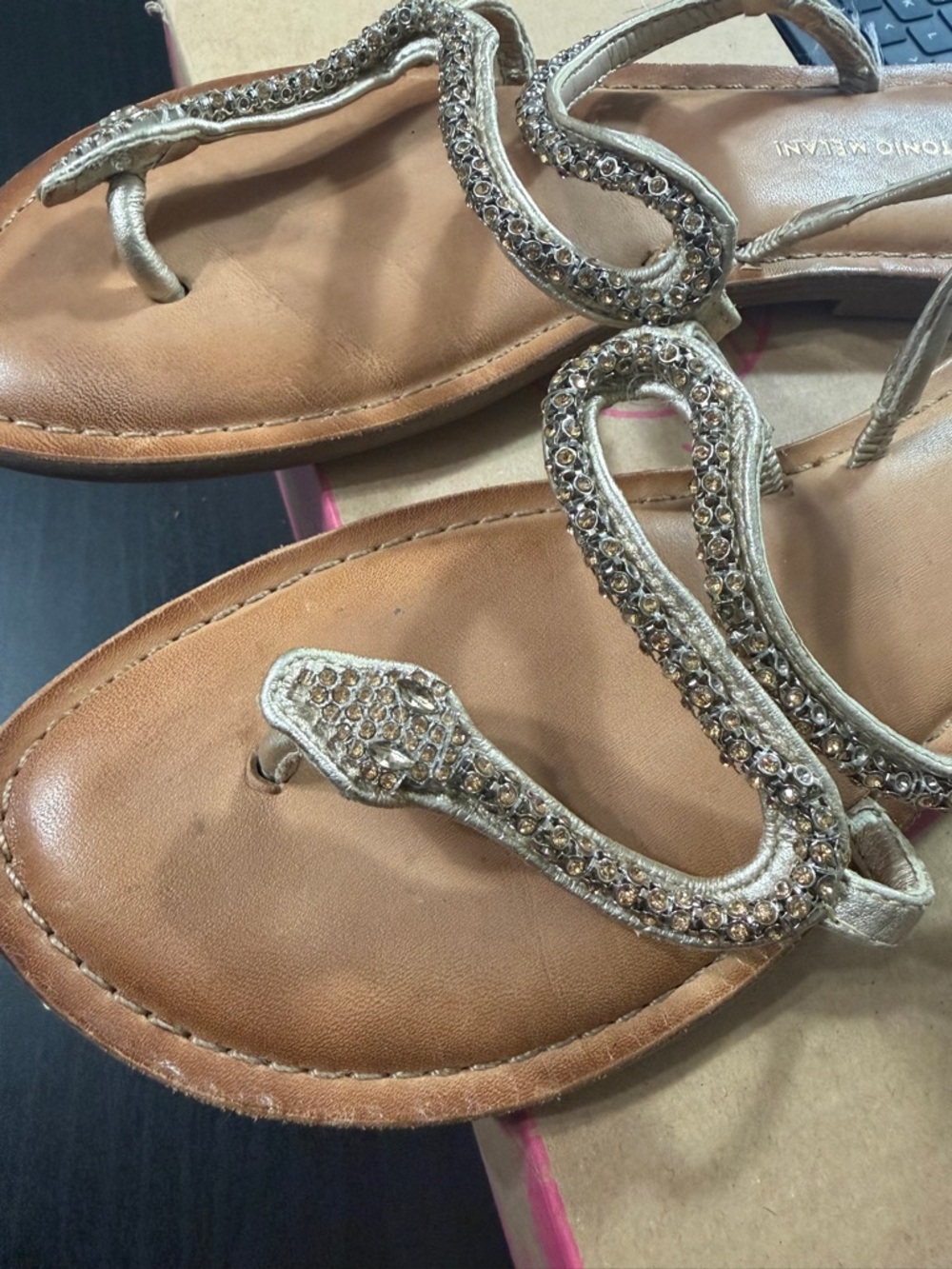 ANTONIO MELANI Gold Beaded Snake-Embellished T-Strap Sandals - Picture 3 of 8